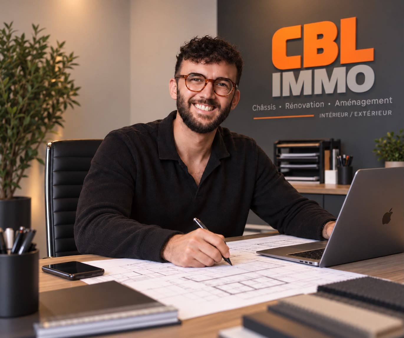 Interlocuteur CBL IMMO à son bureau, devant le logo de l’entreprise